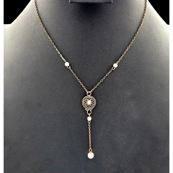 Vintage-Style Bronze Necklace Pink Pearl Accents & Ornate Central Pendant 16" - Picture 2 of 4